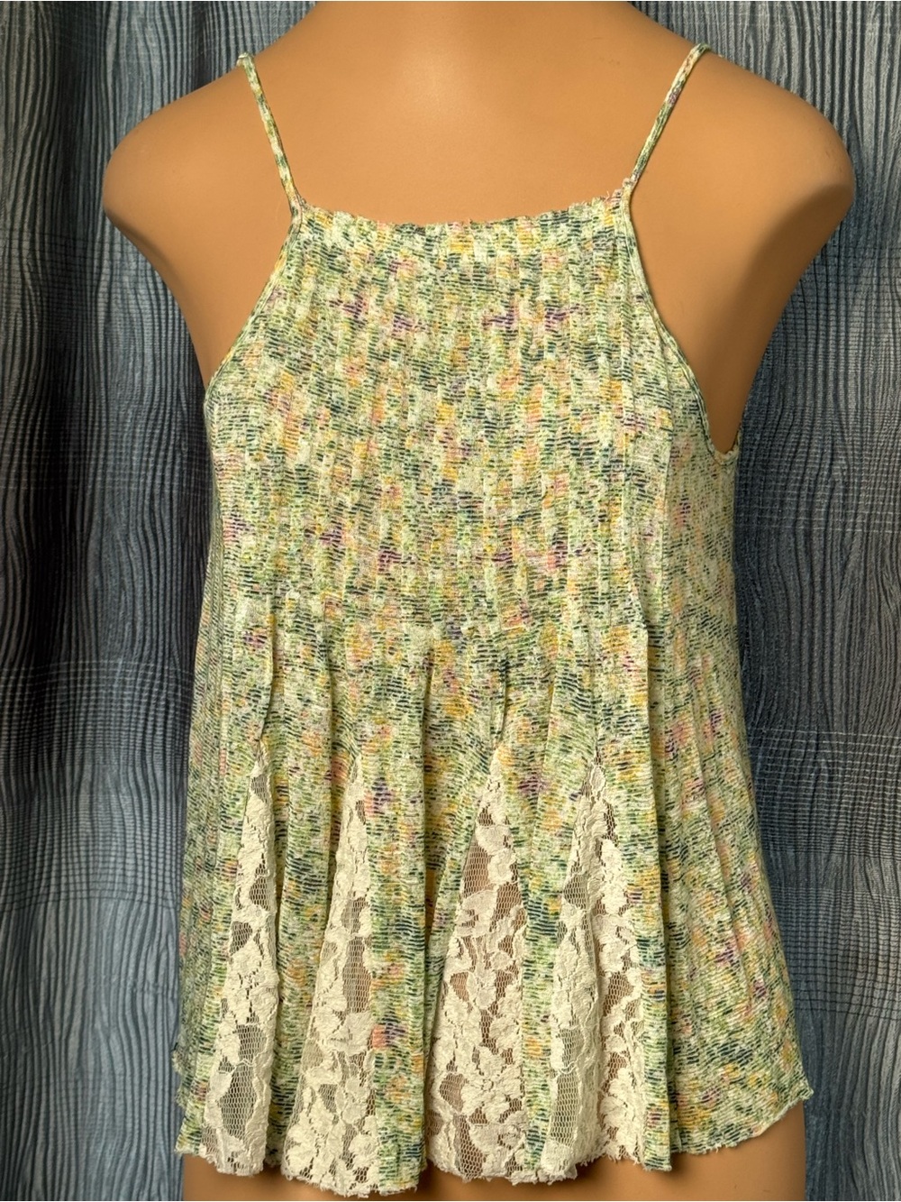 FREE PEOPLE Women’s Green Multicolor Lace Inset Spaghetti-Strap Tank Top